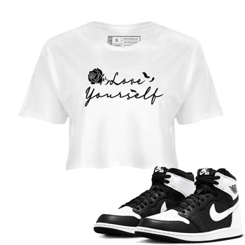 1s Black White shirt to match jordans Love Yourself sneaker tees Air Jordan 1 High OG Black White SNRT Sneaker Release Tees White 1 crop length shirt
