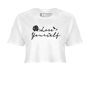 1s Black White shirt to match jordans Love Yourself sneaker tees Air Jordan 1 High OG Black White SNRT Sneaker Release Tees White 2 crop length shirt
