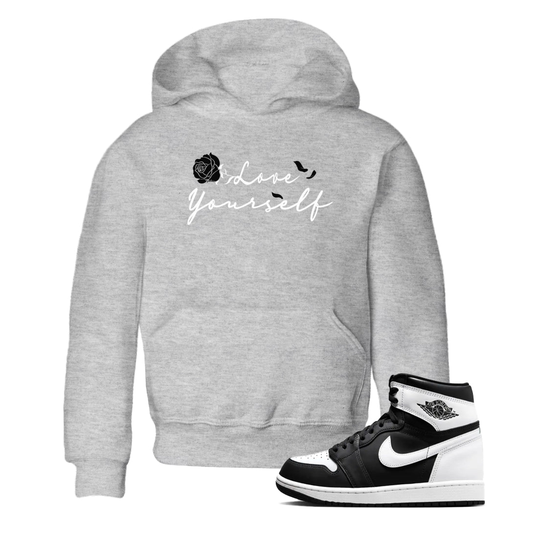 1s Black White shirt to match jordans Love Yourself sneaker tees Air Jordan 1 Black White SNRT sneaker release tees baby toddler Heather Grey 1 cotton Shirt