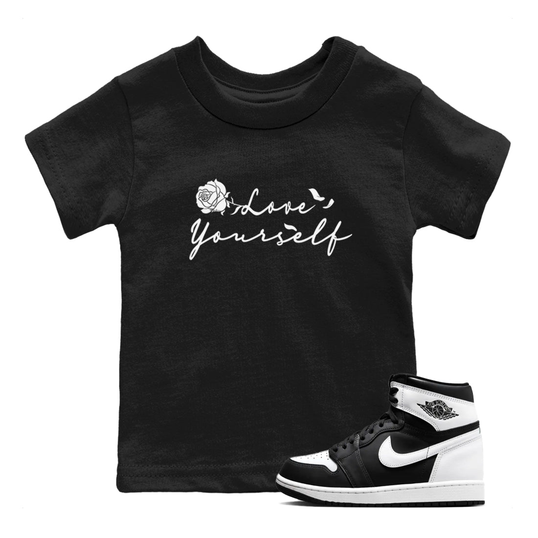1s Black White shirt to match jordans Love Yourself sneaker tees Air Jordan 1 Black White SNRT sneaker release tees baby toddler Black 1 cotton Shirt