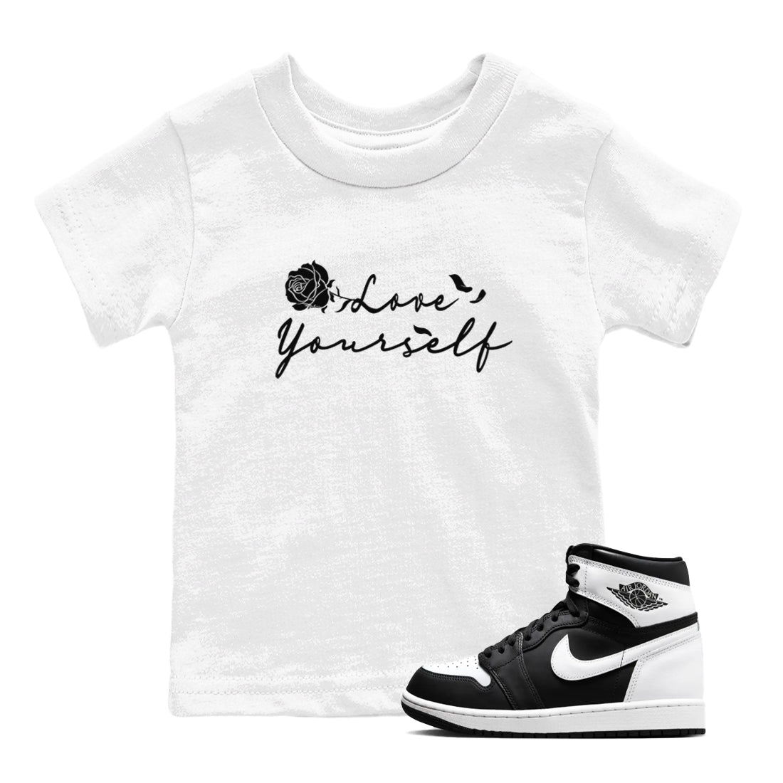 1s Black White shirt to match jordans Love Yourself sneaker tees Air Jordan 1 Black White SNRT sneaker release tees baby toddler White 1 cotton Shirt