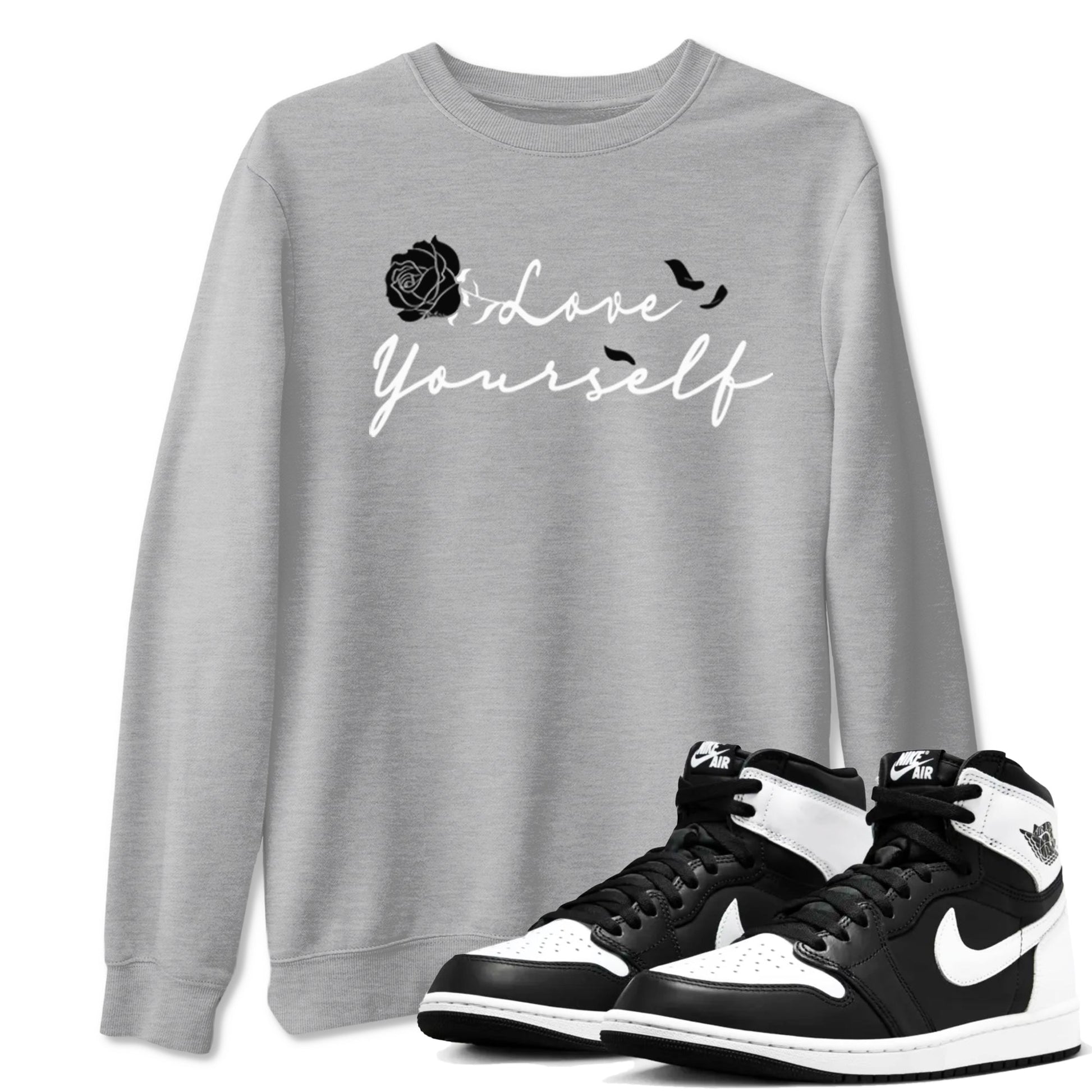 1s Black White shirt to match jordans Love Yourself sneaker tees Air Jordan 1 High OG Black White SNRT Sneaker Release Tees unisex cotton Heather Grey 1 crew neck shirt
