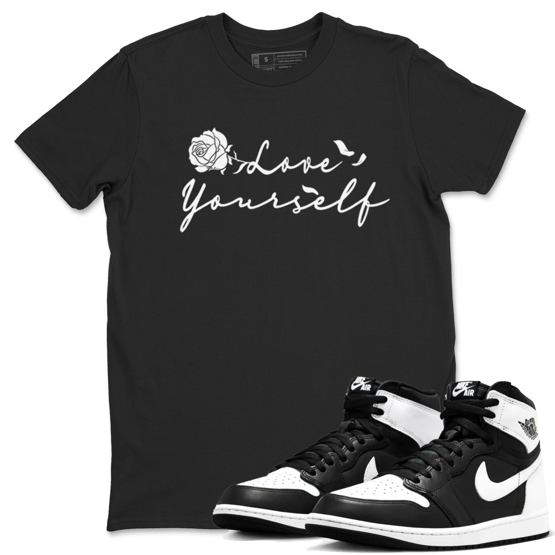 1s Black White shirt to match jordans Love Yourself sneaker tees Air Jordan 1 High OG Black White SNRT Sneaker Release Tees unisex cotton Black 1 crew neck shirt
