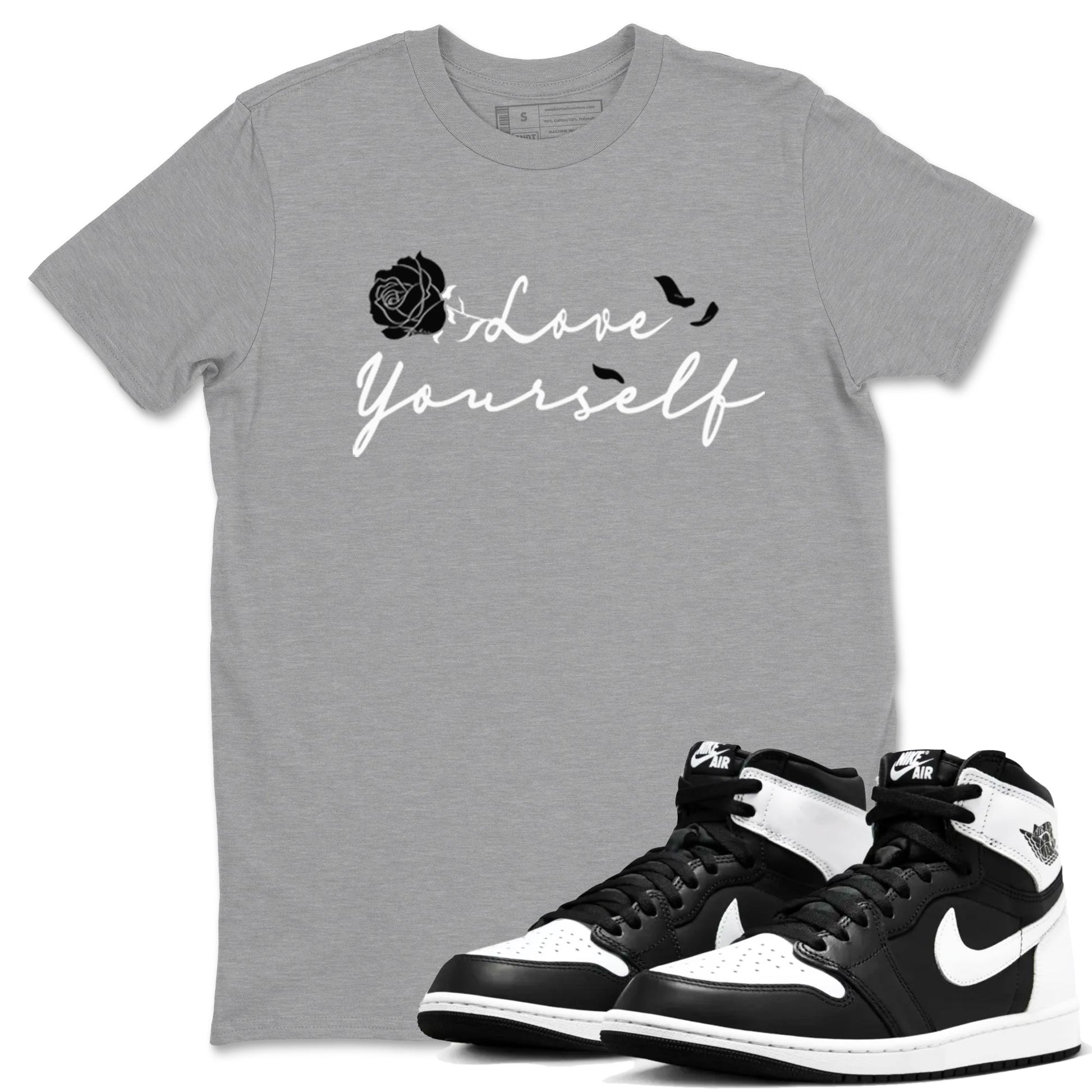 1s Black White shirt to match jordans Love Yourself sneaker tees Air Jordan 1 High OG Black White SNRT Sneaker Release Tees unisex cotton Heather Grey 1 crew neck shirt