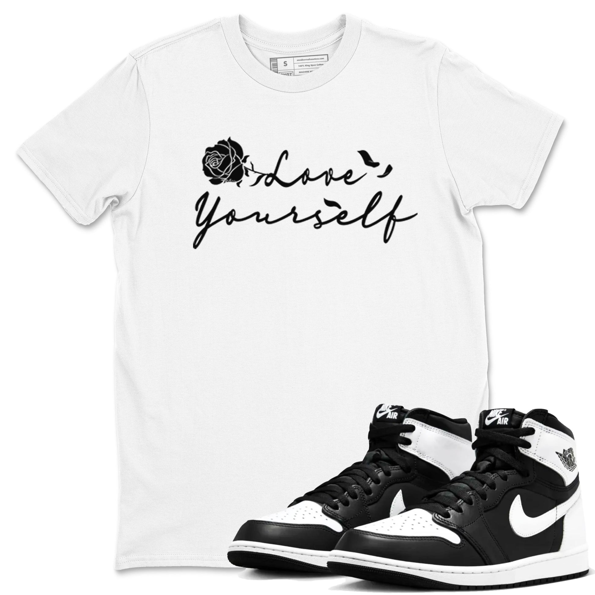 1s Black White shirt to match jordans Love Yourself sneaker tees Air Jordan 1 High OG Black White SNRT Sneaker Release Tees unisex cotton White 1 crew neck shirt