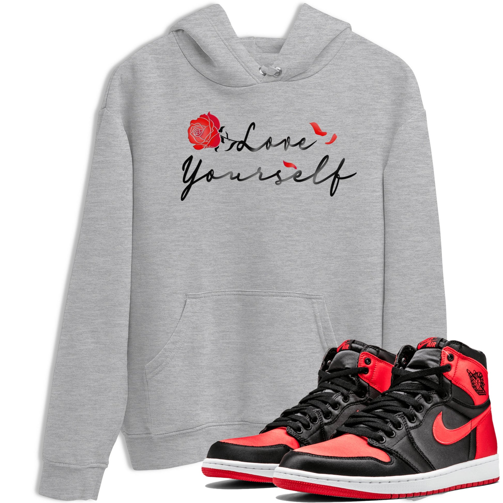 Jordan 1 High OG Satin Bred shirt to match jordans Love Yourself sneaker tees Air Jordan 1 Satin Bred SNRT Sneaker Tees Casual Crew Neck T-Shirt Unisex Heather Grey 1 T-Shirt