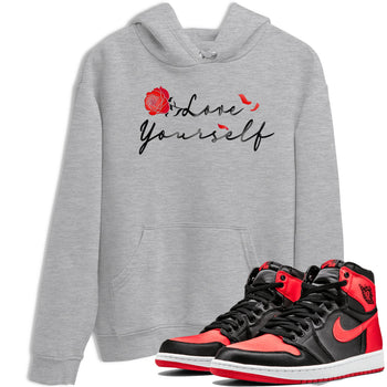 Jordan 1 High OG Satin Bred shirt to match jordans Love Yourself sneaker tees Air Jordan 1 Satin Bred SNRT Sneaker Tees Casual Crew Neck T-Shirt Unisex Heather Grey 1 T-Shirt
