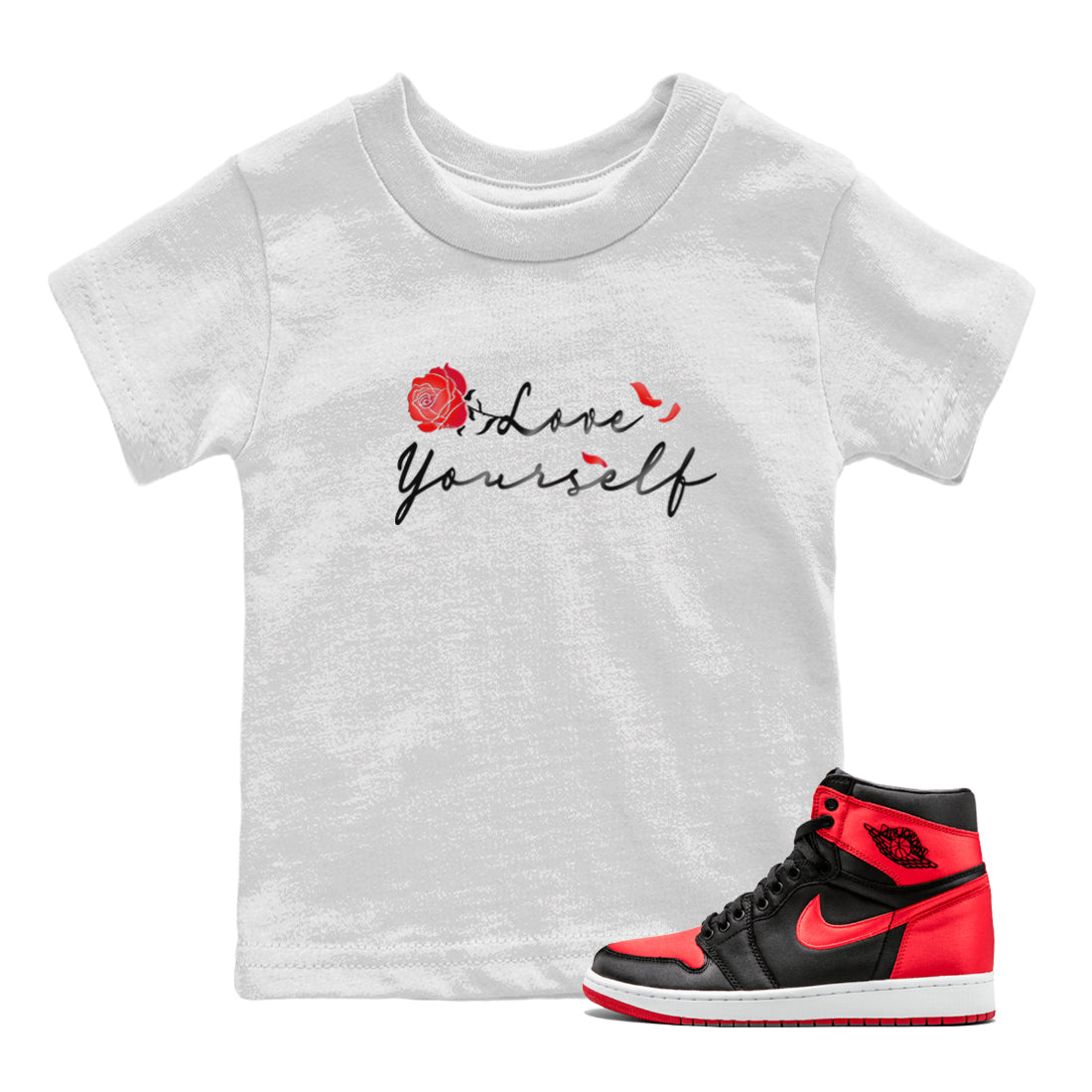 Jordan 1 High OG Satin Bred shirt to match jordans Love Yourself sneaker tees Air Jordan 1 Satin Bred SNRT Sneaker Tees Casual Crew Neck T-Shirt Baby Toddler White 1 T-Shirt