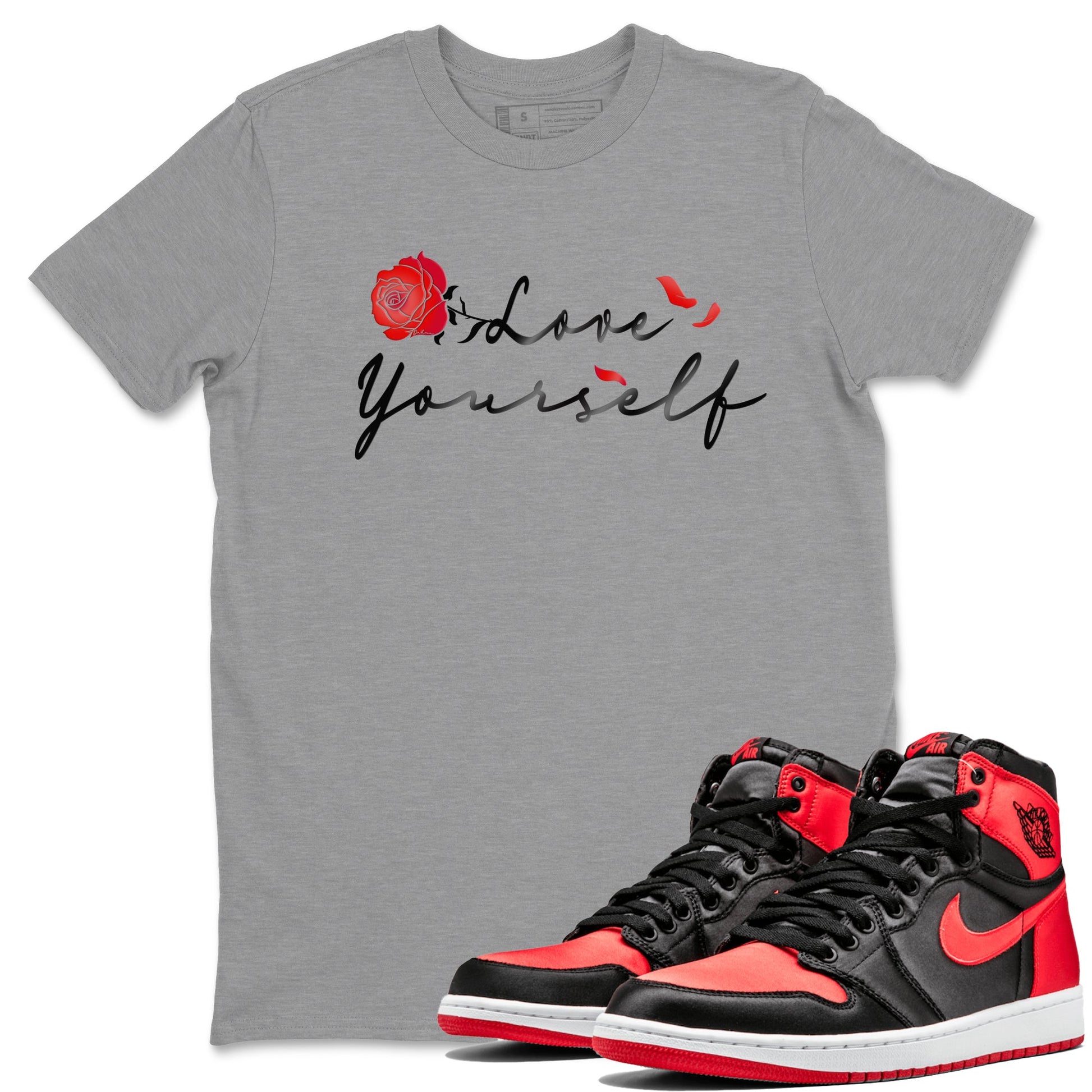 Jordan 1 High OG Satin Bred shirt to match jordans Love Yourself sneaker tees Air Jordan 1 Satin Bred SNRT Sneaker Tees Casual Crew Neck T-Shirt Unisex Heather Grey 1 T-Shirt