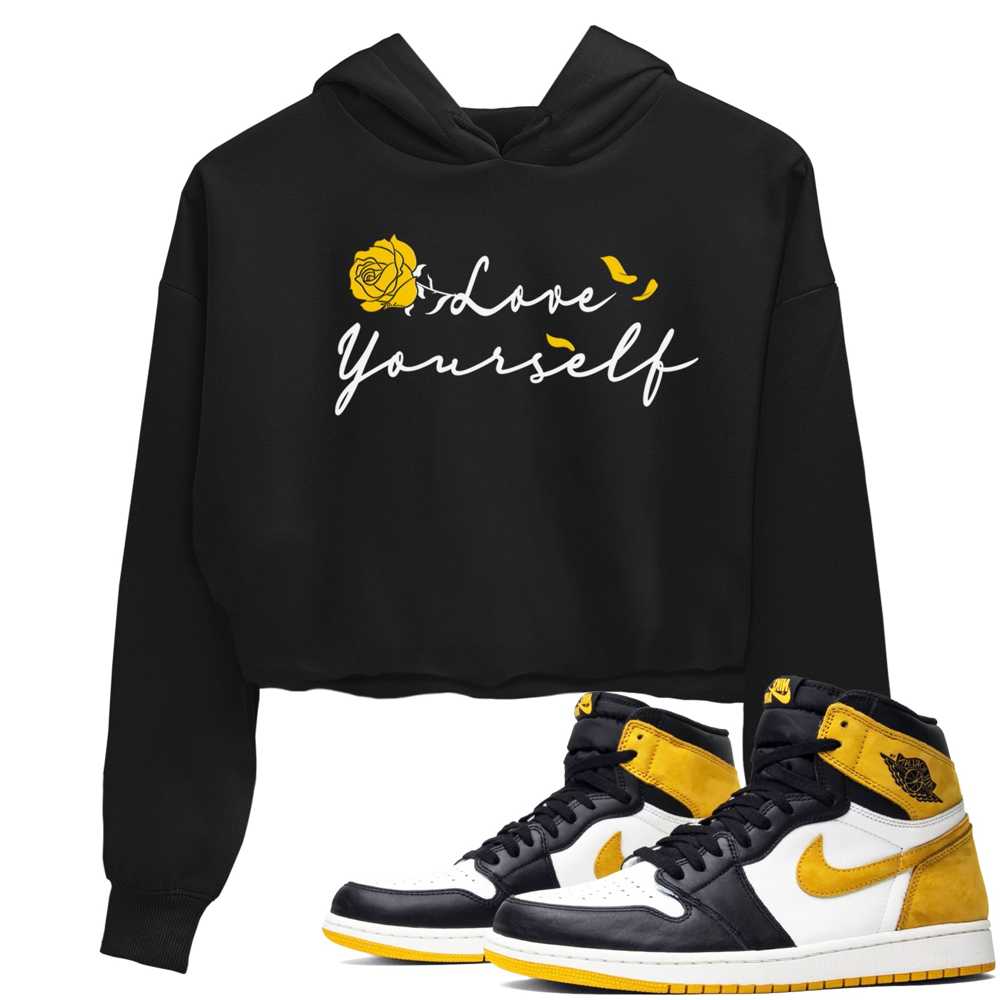 Love Yourself sneaker match tees to Yellow Ochre 1s street fashion brand for shirts to match Jordans SNRT Sneaker Tees Air Jordan 1 Yellow Ochre unisex t-shirt Black 1 crop shirt
