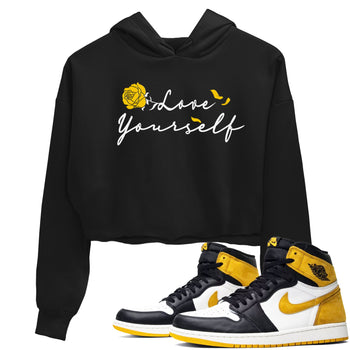 Love Yourself sneaker match tees to Yellow Ochre 1s street fashion brand for shirts to match Jordans SNRT Sneaker Tees Air Jordan 1 Yellow Ochre unisex t-shirt Black 1 crop shirt