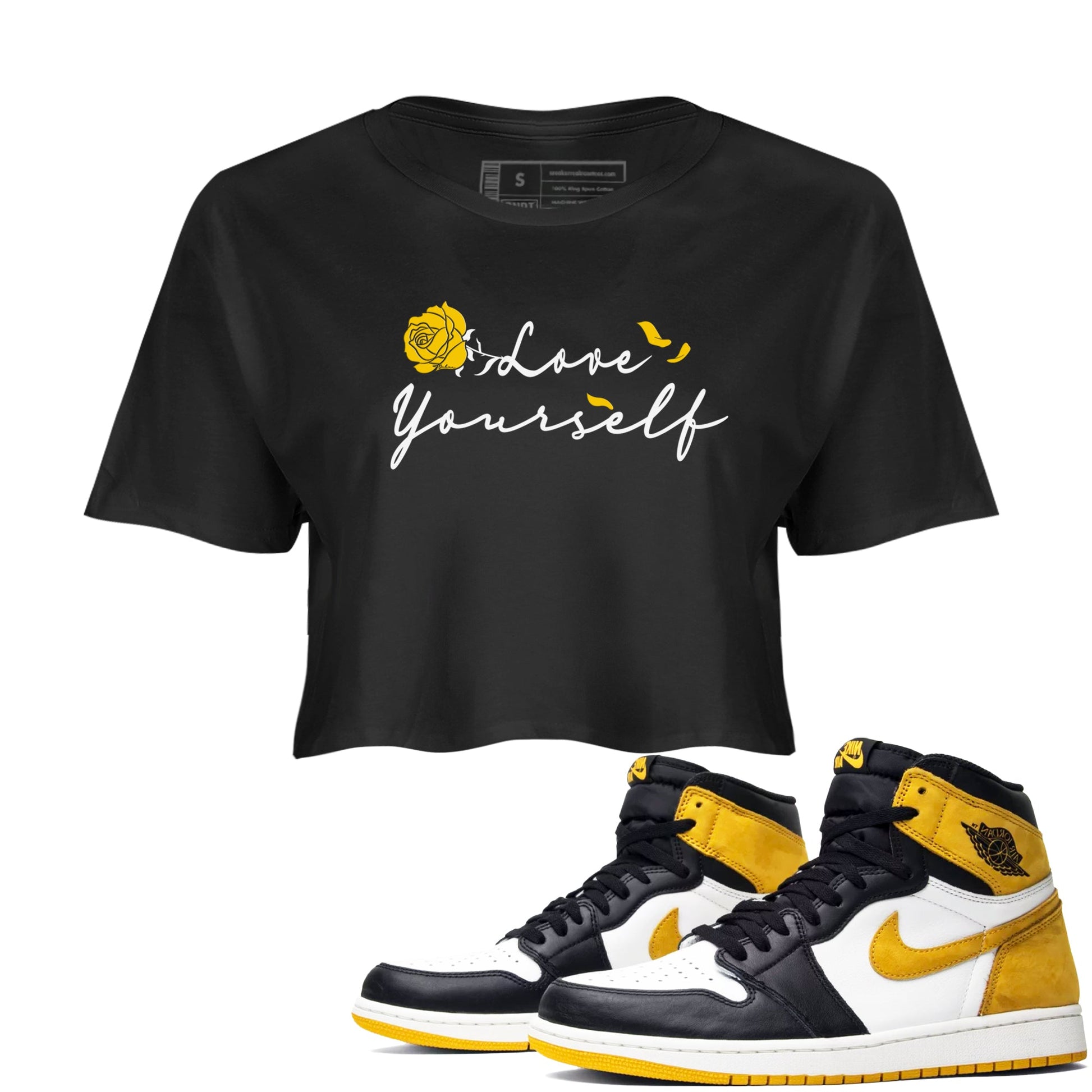 Love Yourself sneaker match tees to Yellow Ochre 1s street fashion brand for shirts to match Jordans SNRT Sneaker Tees Air Jordan 1 Yellow Ochre unisex t-shirt Black 1 crop shirt