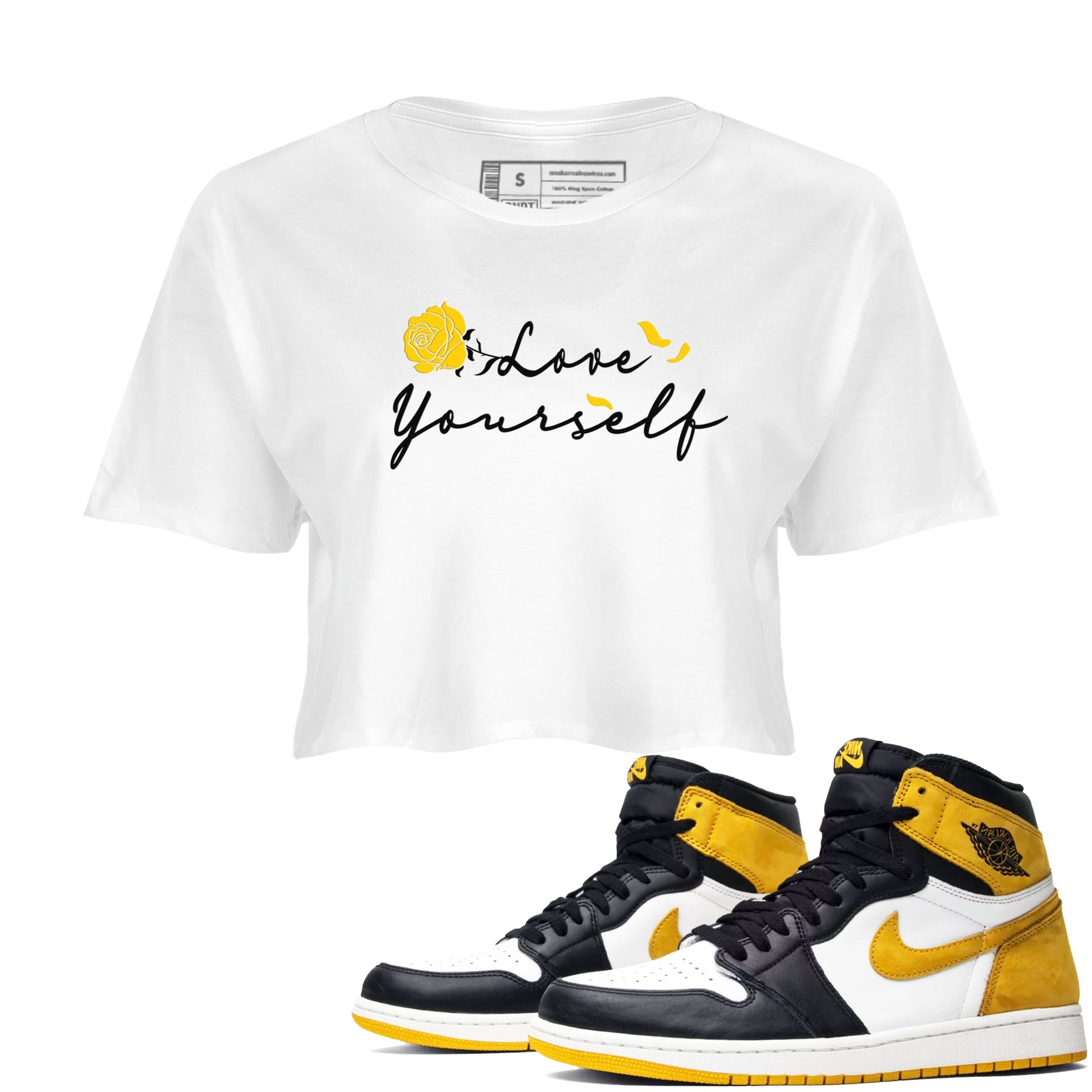 Love Yourself sneaker match tees to Yellow Ochre 1s street fashion brand for shirts to match Jordans SNRT Sneaker Tees Air Jordan 1 Yellow Ochre unisex t-shirt White 1 crop shirt