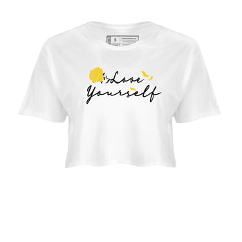 Love Yourself sneaker match tees to Yellow Ochre 1s street fashion brand for shirts to match Jordans SNRT Sneaker Tees Air Jordan 1 Yellow Ochre unisex t-shirt White 2 crop shirt