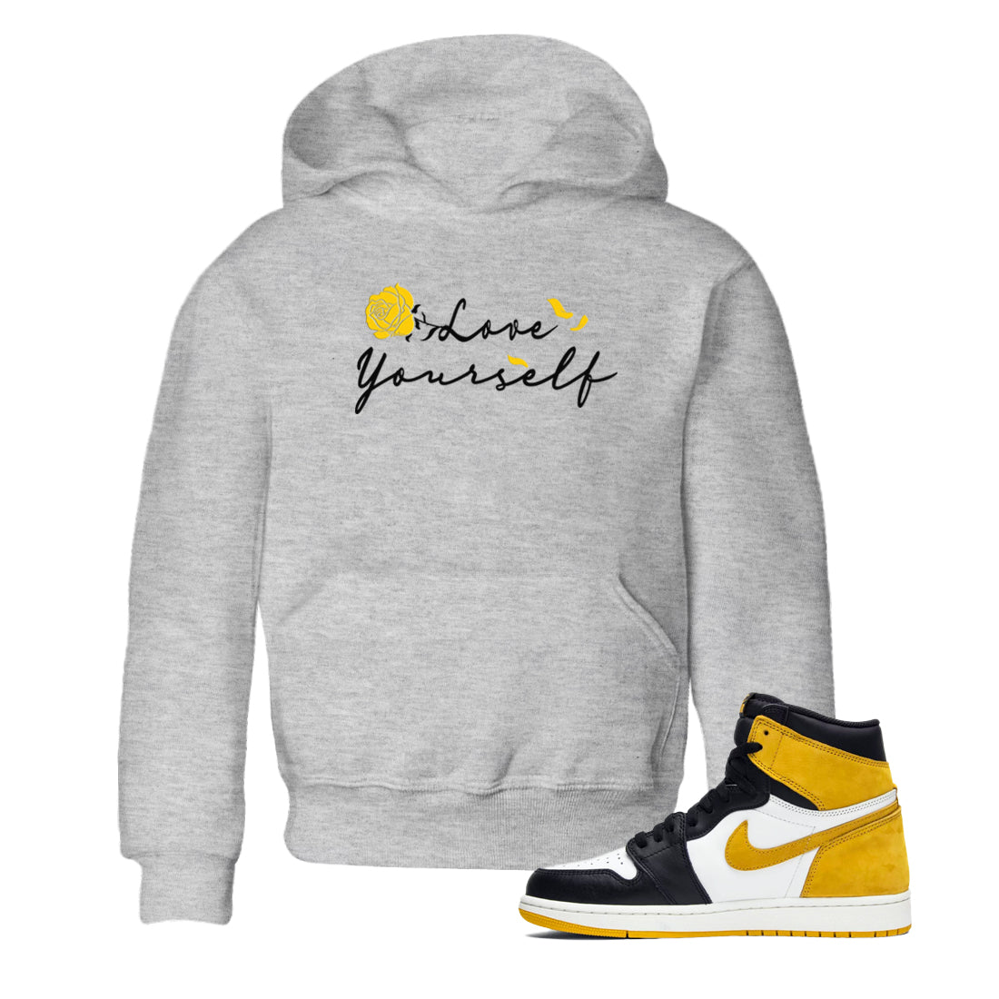 Love Yourself sneaker match tees to Yellow Ochre 1s street fashion brand for shirts to match Jordans SNRT Sneaker Tees Air Jordan 1 Yellow Ochre unisex t-shirt Heather Grey 1 youth shirt
