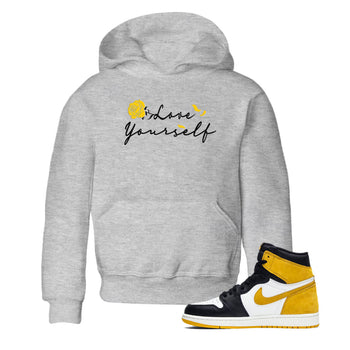 Love Yourself sneaker match tees to Yellow Ochre 1s street fashion brand for shirts to match Jordans SNRT Sneaker Tees Air Jordan 1 Yellow Ochre unisex t-shirt Heather Grey 1 youth shirt