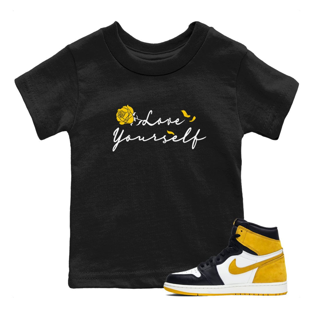 Love Yourself sneaker match tees to Yellow Ochre 1s street fashion brand for shirts to match Jordans SNRT Sneaker Tees Air Jordan 1 Yellow Ochre unisex t-shirt Black 1 youth shirt