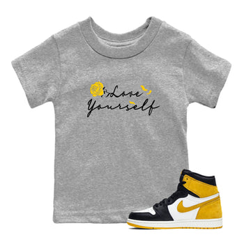 Love Yourself sneaker match tees to Yellow Ochre 1s street fashion brand for shirts to match Jordans SNRT Sneaker Tees Air Jordan 1 Yellow Ochre unisex t-shirt Heather Grey 1 youth shirt