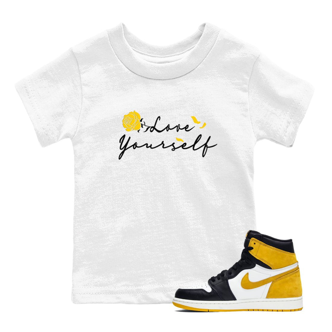 Love Yourself sneaker match tees to Yellow Ochre 1s street fashion brand for shirts to match Jordans SNRT Sneaker Tees Air Jordan 1 Yellow Ochre unisex t-shirt White 1 youth shirt