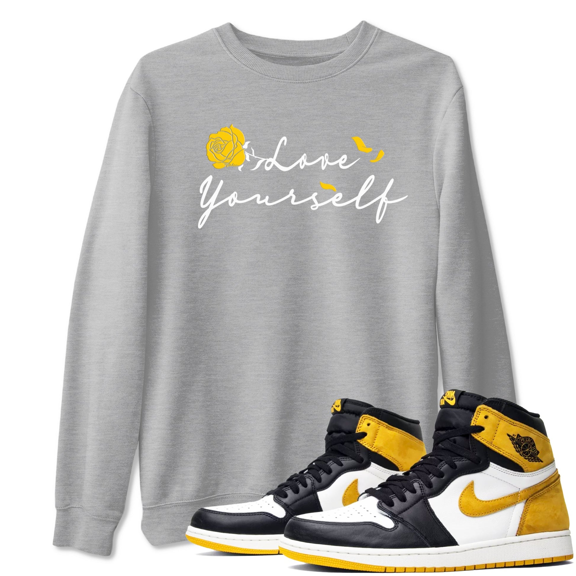 Love Yourself sneaker match tees to Yellow Ochre 1s street fashion brand for shirts to match Jordans SNRT Sneaker Tees Air Jordan 1 Yellow Ochre unisex t-shirt Heather Grey 1 unisex shirt
