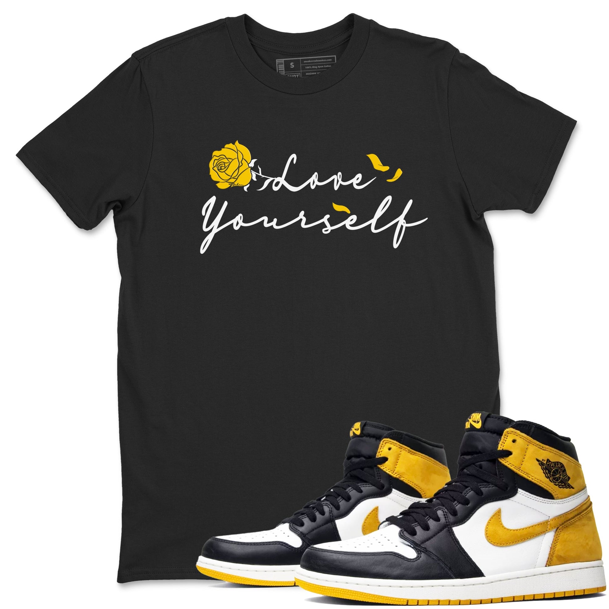 Love Yourself sneaker match tees to Yellow Ochre 1s street fashion brand for shirts to match Jordans SNRT Sneaker Tees Air Jordan 1 Yellow Ochre unisex t-shirt Black 1 unisex shirt