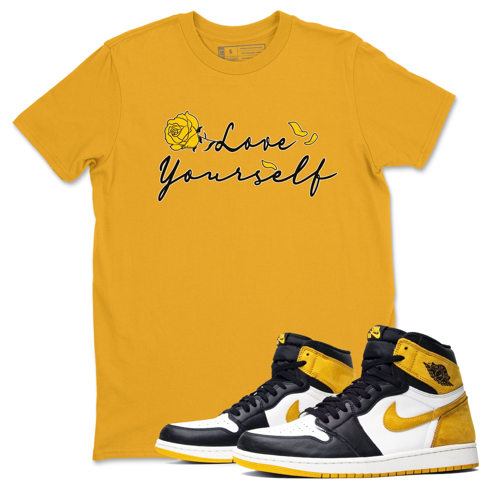 Love Yourself sneaker match tees to Yellow Ochre 1s street fashion brand for shirts to match Jordans SNRT Sneaker Tees Air Jordan 1 Yellow Ochre unisex t-shirt Gold 1 unisex shirt