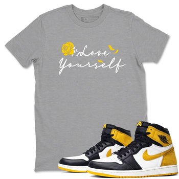 Love Yourself sneaker match tees to Yellow Ochre 1s street fashion brand for shirts to match Jordans SNRT Sneaker Tees Air Jordan 1 Yellow Ochre unisex t-shirt Heather Grey 1 unisex shirt