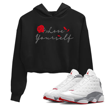 Air Jordan 13 Wolf Grey shirt to match jordans Love Yourself sneaker tees AJ13 Wolf Grey SNRT Sneaker Release Tees Black 1 Crop T-Shirt