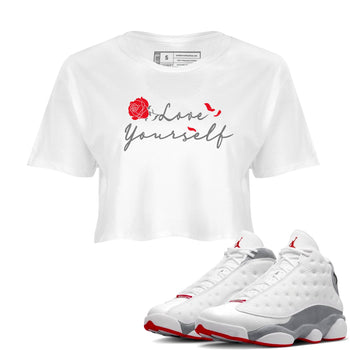 Air Jordan 13 Wolf Grey shirt to match jordans Love Yourself sneaker tees AJ13 Wolf Grey SNRT Sneaker Release Tees White 1 Crop T-Shirt