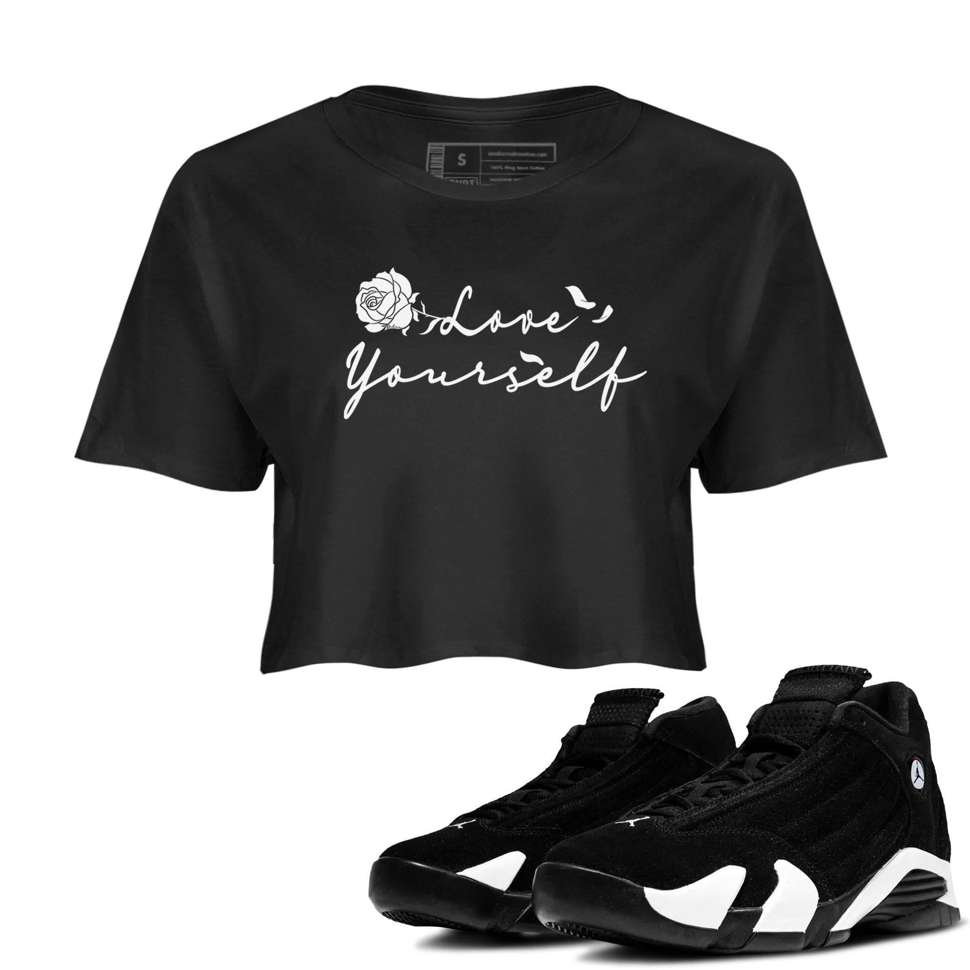 14s Panda shirt to match jordans Love Yourself sneaker tees Air Jordan 14 Panda SNRT Sneaker Release Tees Black 1 crop length shirt