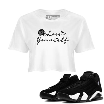14s Panda shirt to match jordans Love Yourself sneaker tees Air Jordan 14 Panda SNRT Sneaker Release Tees White 1 crop length shirt