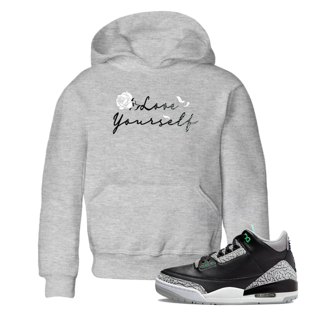 3s Green Glow shirt to match jordans Love Yourself sneaker tees Air Jordan 3 Green Glow SNRT sneaker release tees baby toddler Heather Grey 1 cotton Shirt