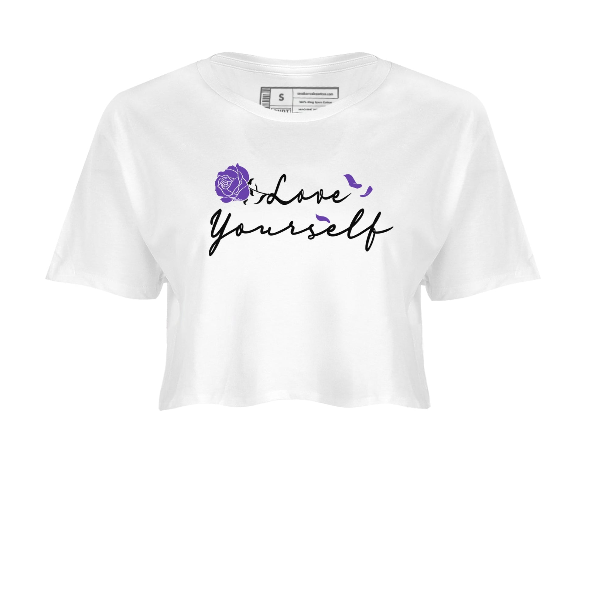 Love Yourself sneaker match tees to Court Purple Dunks street fashion brand for shirts to match Jordans SNRT Sneaker Tees Dunk Low Court Purple unisex t-shirt White 2 crop shirt