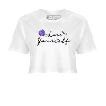 Love Yourself sneaker match tees to Court Purple Dunks street fashion brand for shirts to match Jordans SNRT Sneaker Tees Dunk Low Court Purple unisex t-shirt White 2 crop shirt