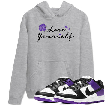 Love Yourself sneaker match tees to Court Purple Dunks street fashion brand for shirts to match Jordans SNRT Sneaker Tees Dunk Low Court Purple unisex t-shirt Heather Grey 1 unisex shirt