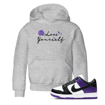 Love Yourself sneaker match tees to Court Purple Dunks street fashion brand for shirts to match Jordans SNRT Sneaker Tees Dunk Low Court Purple unisex t-shirt Heather Grey 1 youth shirt