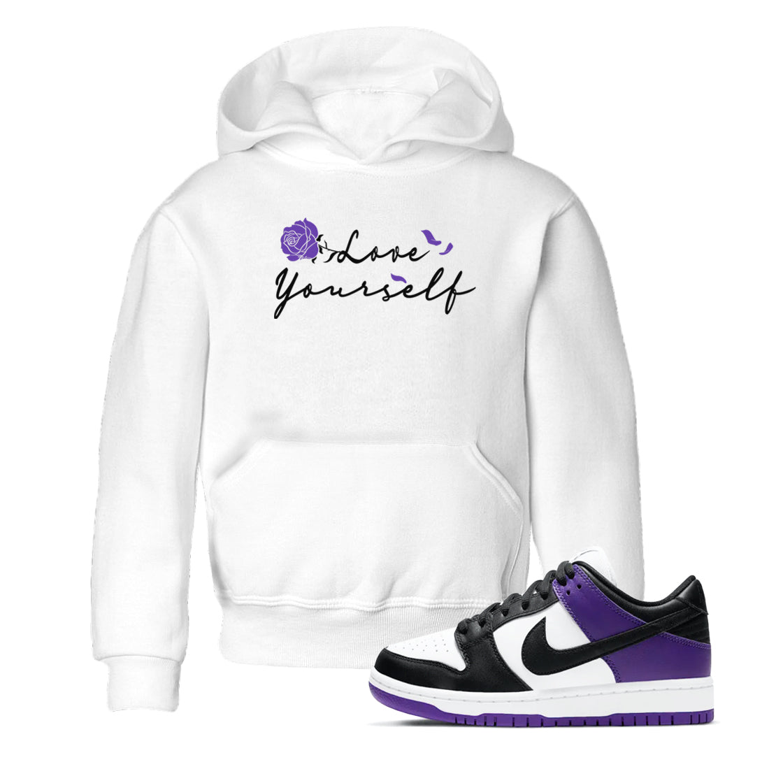 Love Yourself sneaker match tees to Court Purple Dunks street fashion brand for shirts to match Jordans SNRT Sneaker Tees Dunk Low Court Purple unisex t-shirt White 1 youth shirt