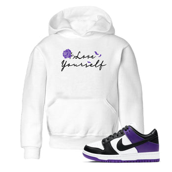 Love Yourself sneaker match tees to Court Purple Dunks street fashion brand for shirts to match Jordans SNRT Sneaker Tees Dunk Low Court Purple unisex t-shirt White 1 youth shirt
