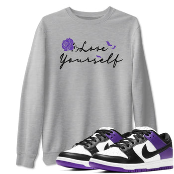 Love Yourself sneaker match tees to Court Purple Dunks street fashion brand for shirts to match Jordans SNRT Sneaker Tees Dunk Low Court Purple unisex t-shirt Heather Grey 1 unisex shirt
