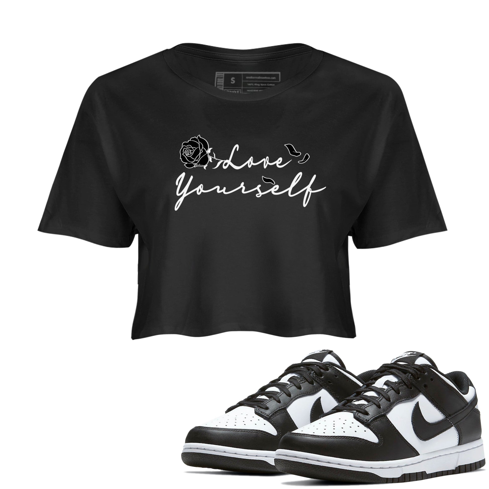 Dunk Low Panda shirt to match jordans Love Yourself sneaker tees Dunk Low Black White SNRT Sneaker Release Tees Black 1 crop length shirt