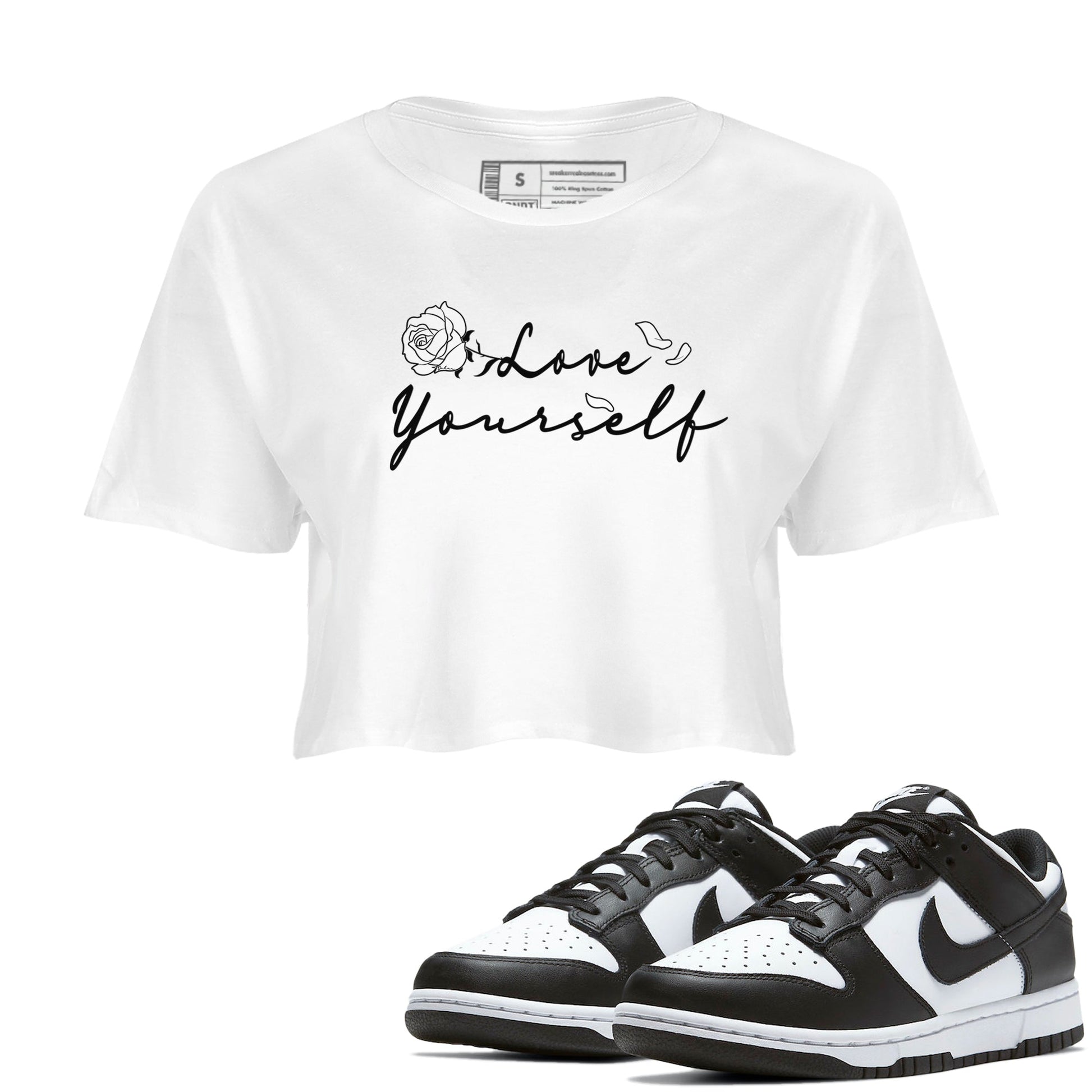 Dunk Low Panda shirt to match jordans Love Yourself sneaker tees Dunk Low Black White SNRT Sneaker Release Tees White 1 crop length shirt
