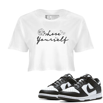 Dunk Low Panda shirt to match jordans Love Yourself sneaker tees Dunk Low Black White SNRT Sneaker Release Tees White 1 crop length shirt
