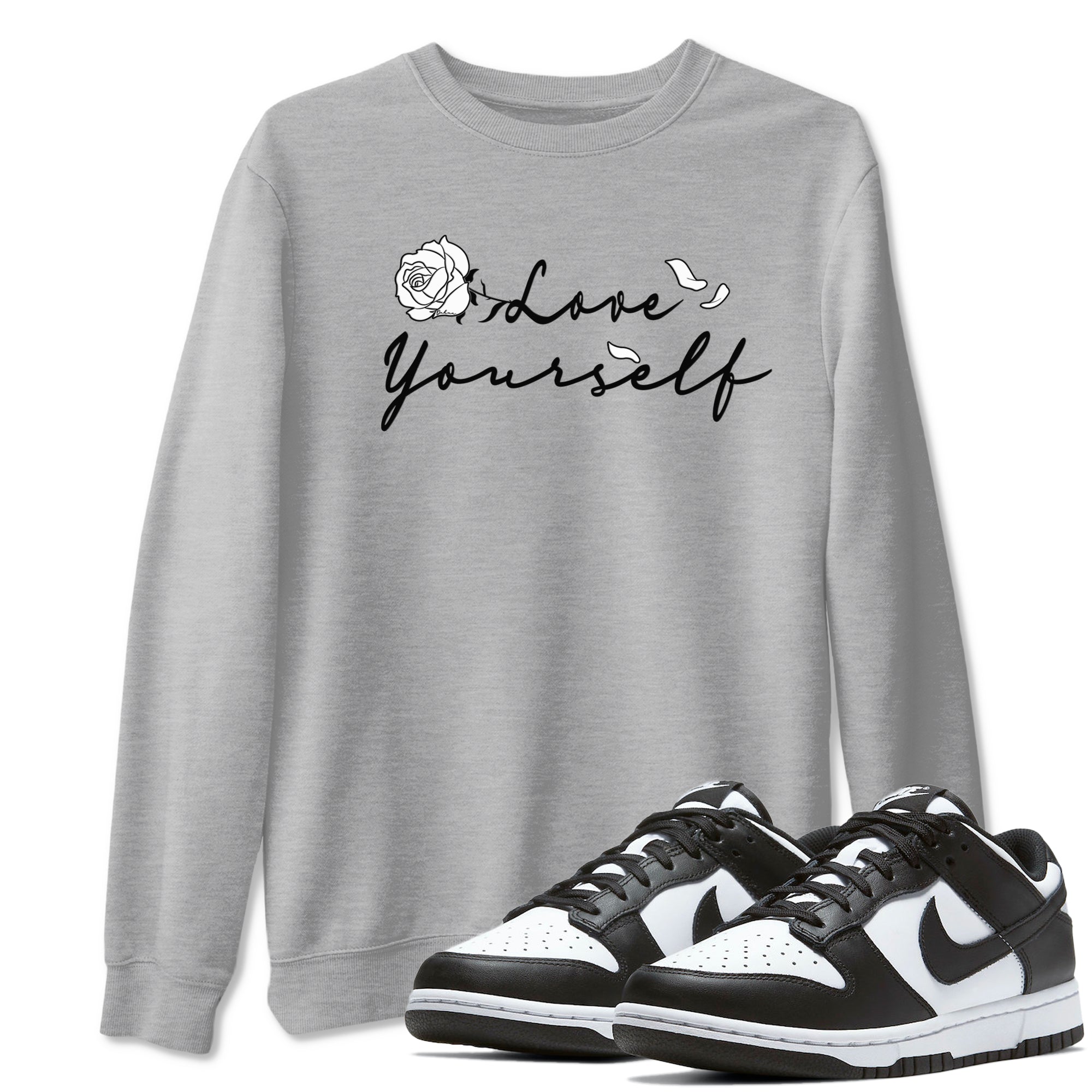 Dunk Low Panda shirt to match jordans Love Yourself sneaker tees Dunk Low Black White SNRT Sneaker Release Tees unisex cotton Heather Grey 1 crew neck shirt
