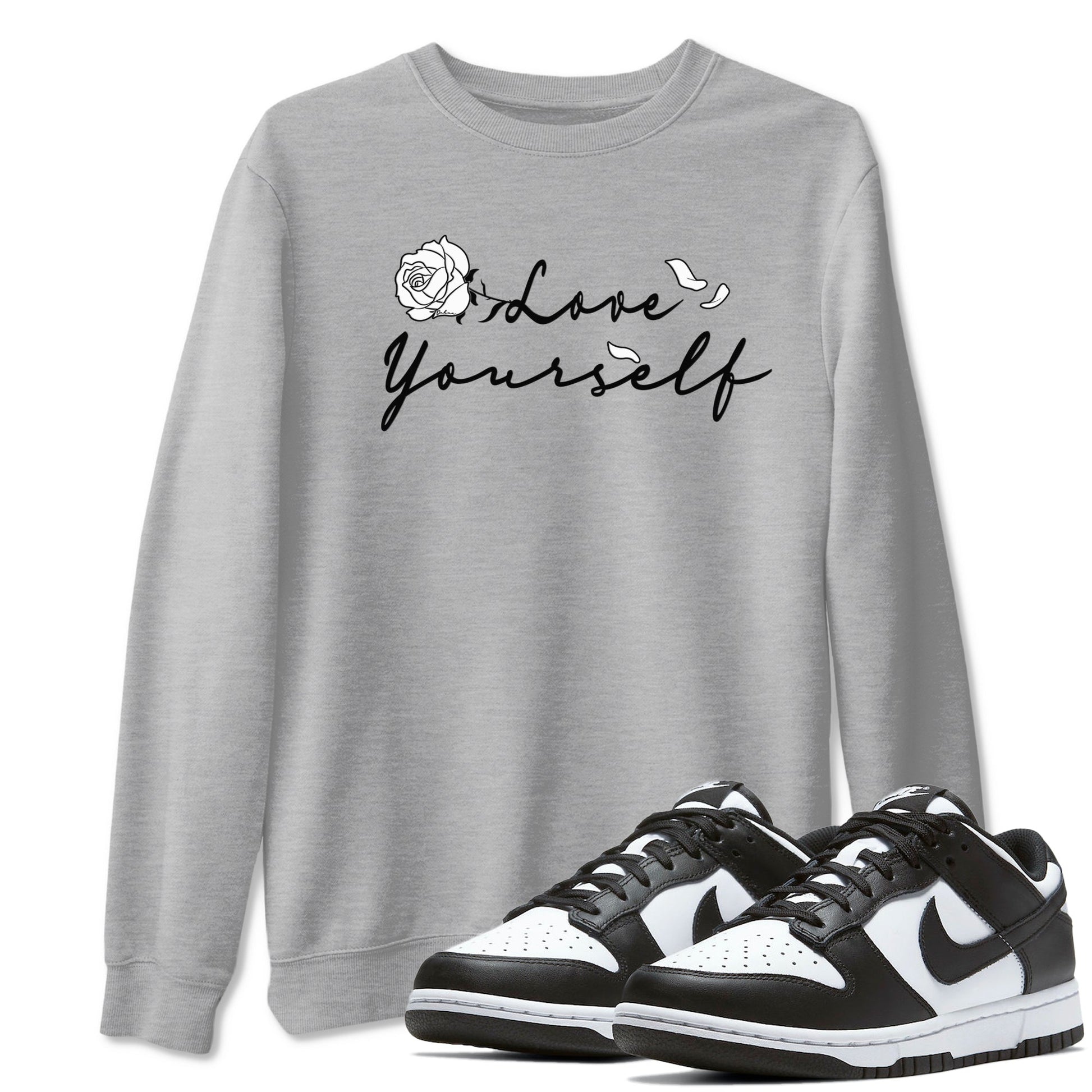 Dunk Low Panda shirt to match jordans Love Yourself sneaker tees Dunk Low Black White SNRT Sneaker Release Tees unisex cotton Heather Grey 1 crew neck shirt