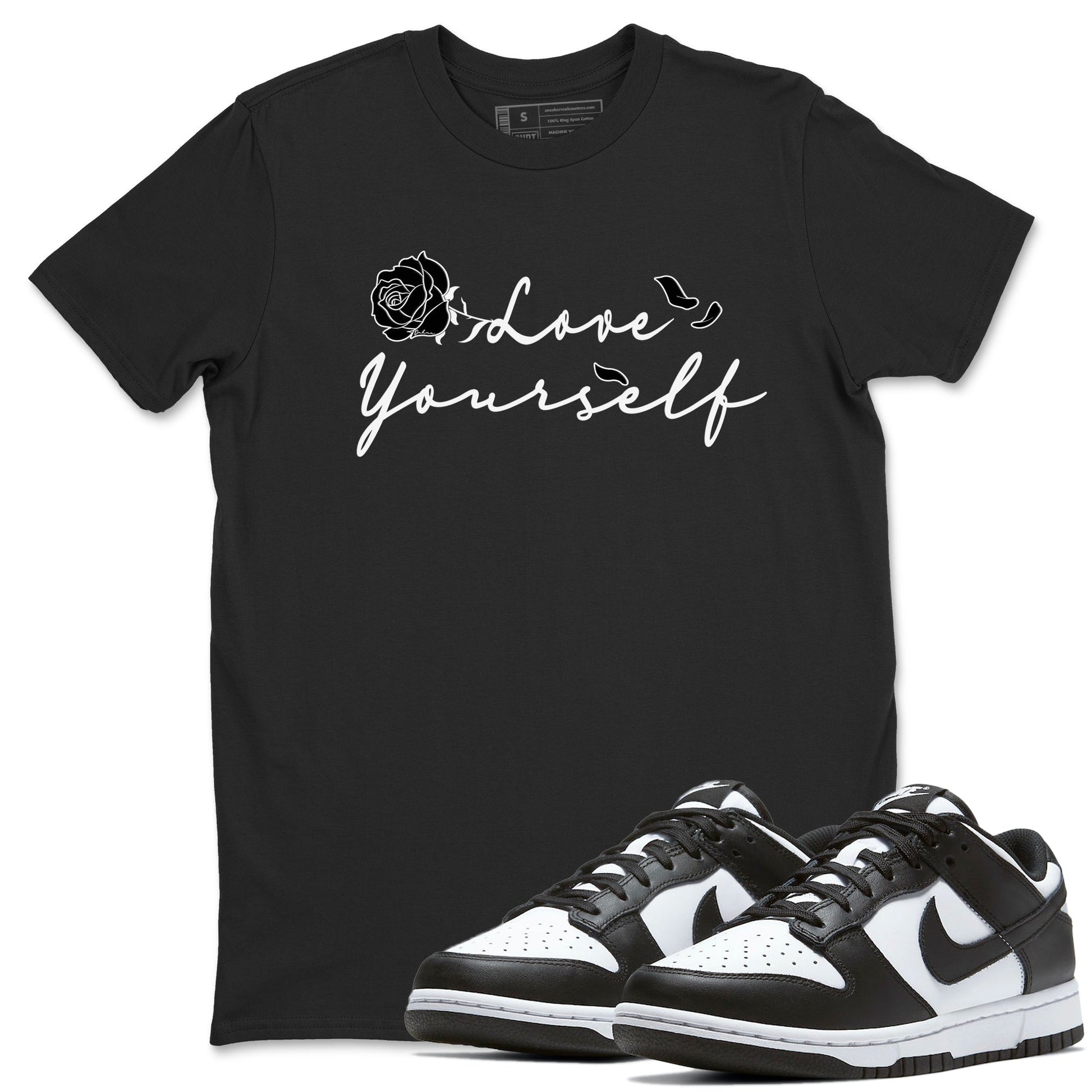 Dunk Low Panda shirt to match jordans Love Yourself sneaker tees Dunk Low Black White SNRT Sneaker Release Tees unisex cotton Black 1 crew neck shirt