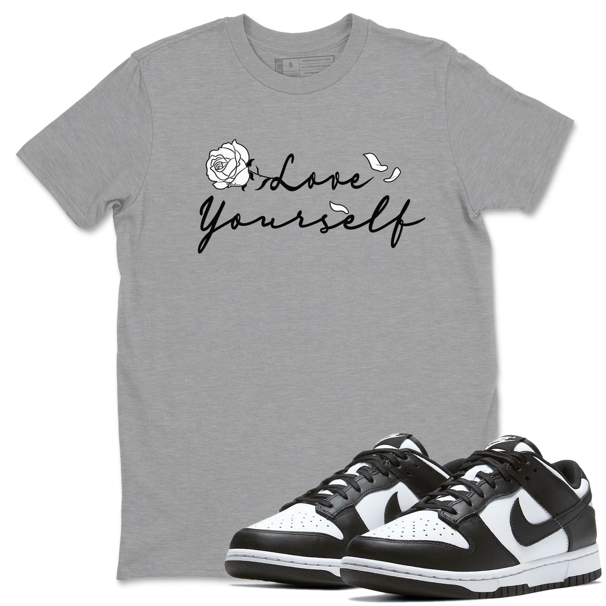 Dunk Low Panda shirt to match jordans Love Yourself sneaker tees Dunk Low Black White SNRT Sneaker Release Tees unisex cotton Heather Grey 1 crew neck shirt