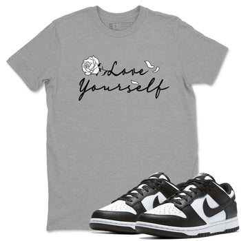 Dunk Low Panda shirt to match jordans Love Yourself sneaker tees Dunk Low Black White SNRT Sneaker Release Tees unisex cotton Heather Grey 1 crew neck shirt
