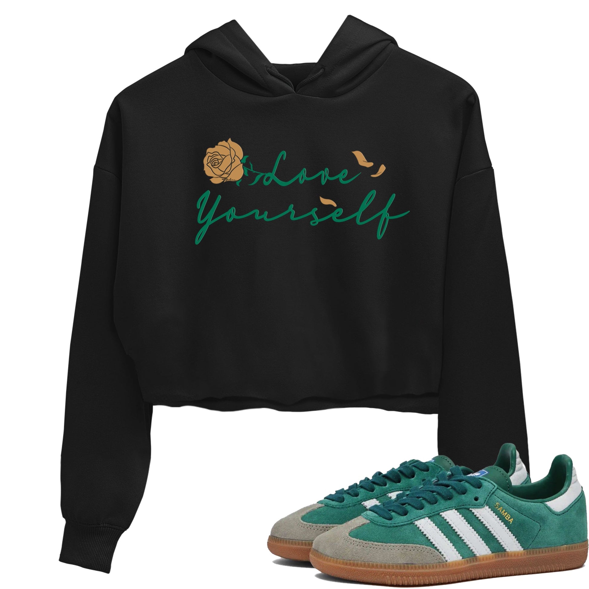 Adidas Samba Collegiate Green Gum shirt to match jordans Love Yourself sneaker tees Samba OG Collegiate Green Gum SNRT Sneaker Release Tees Black 1 Crop T-Shirt