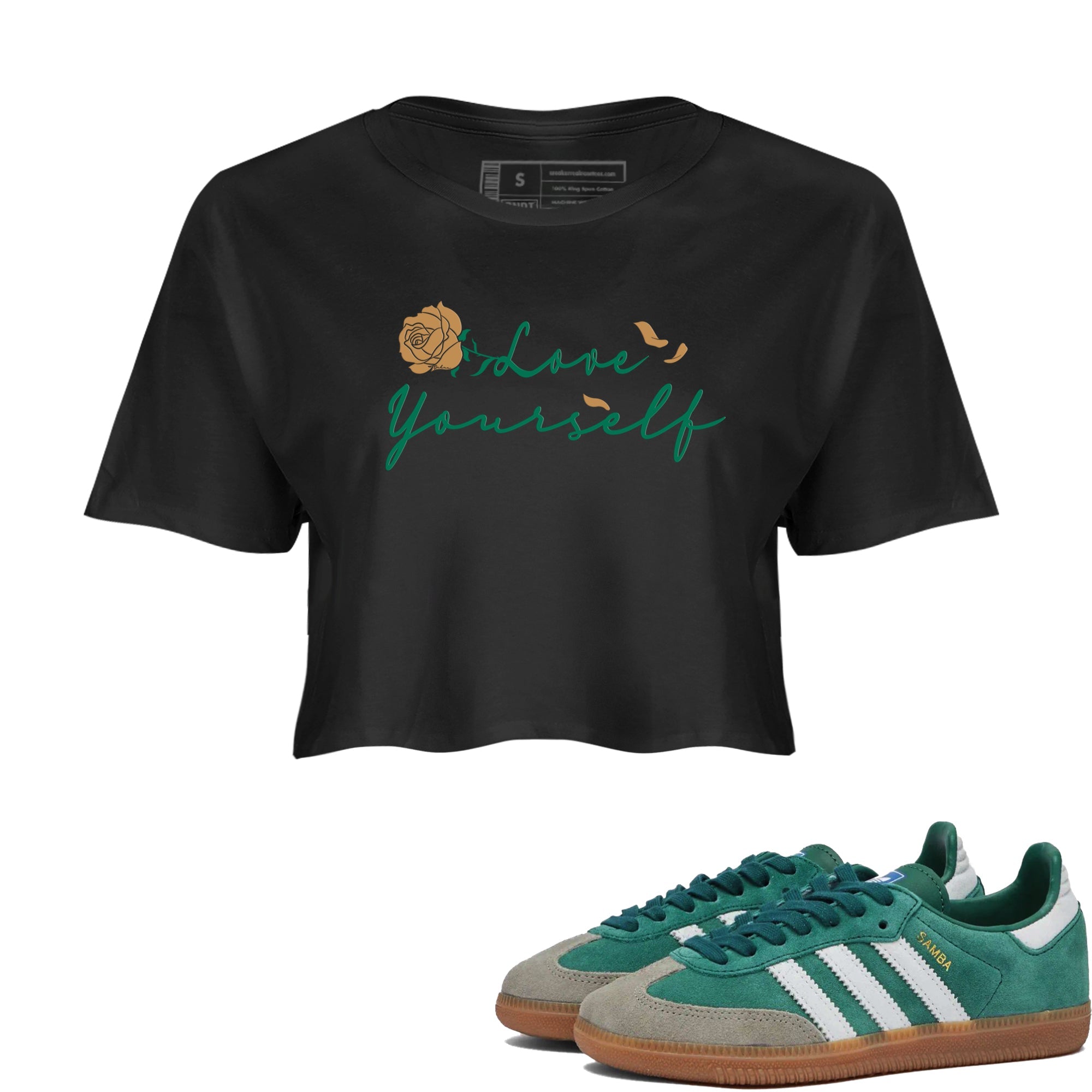Adidas Samba Collegiate Green Gum shirt to match jordans Love Yourself sneaker tees Samba OG Collegiate Green Gum SNRT Sneaker Release Tees Black 1 Crop T-Shirt