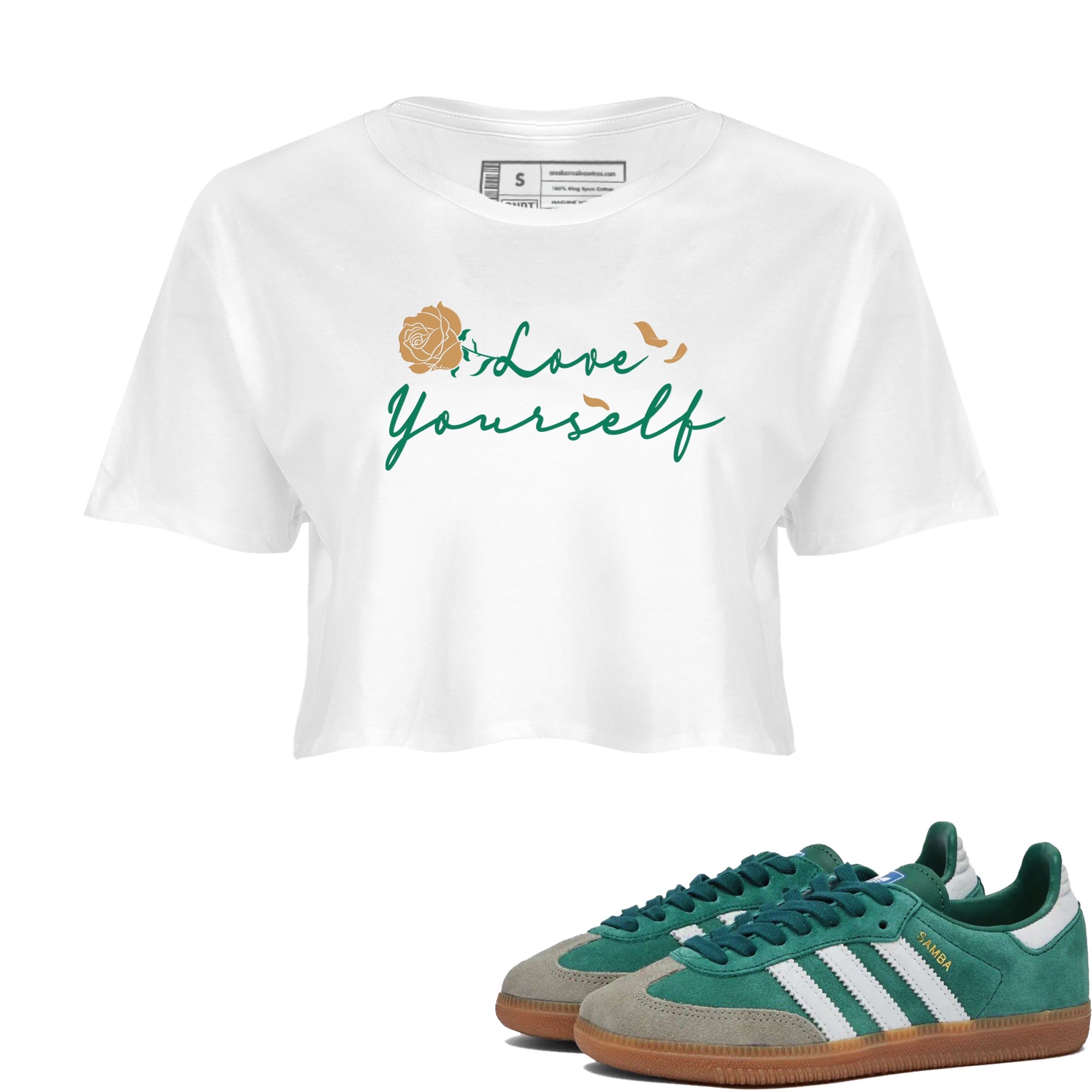 Adidas Samba Collegiate Green Gum shirt to match jordans Love Yourself sneaker tees Samba OG Collegiate Green Gum SNRT Sneaker Release Tees White 1 Crop T-Shirt